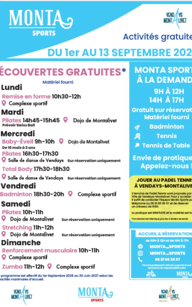 Programme Monta Sports Septembre 2026 2
