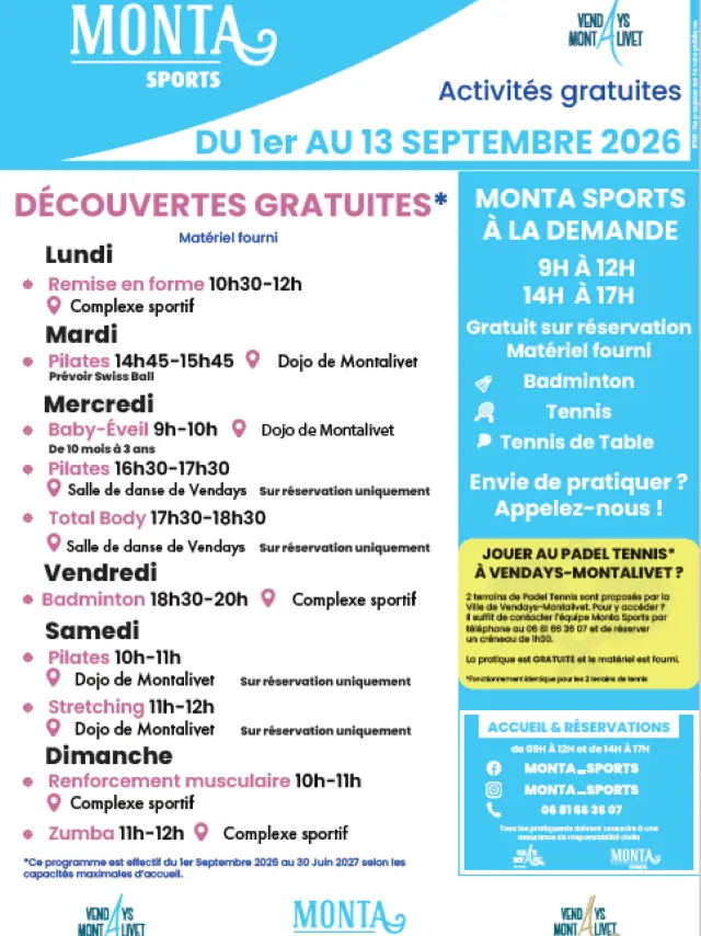 Programme Monta Sports Septembre 2026 2